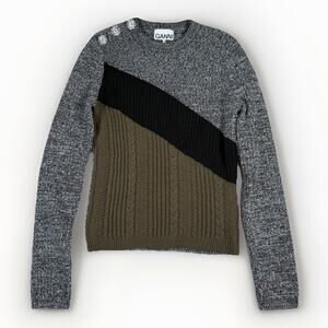 GANNI Women's Jeweled Sweater Black Olive Gray Color Block Womens Size Small
